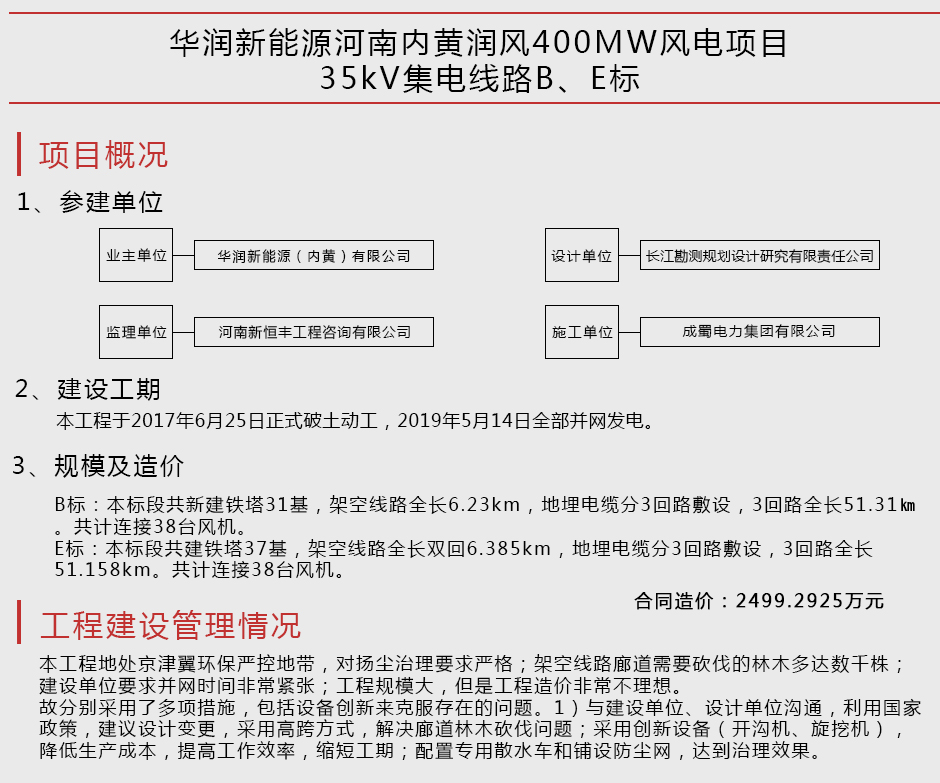 華潤新能源河南內黃潤風400MW風電項目35kV集電線路B、E標